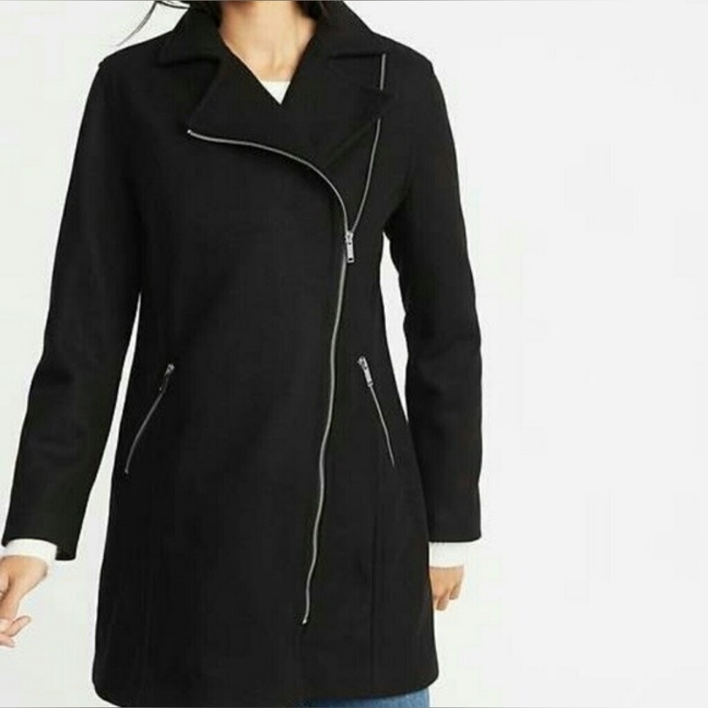Old Navy Soft Brushed Moto Coat – Black Asymmetrical Zip Elegance Size L NWOT